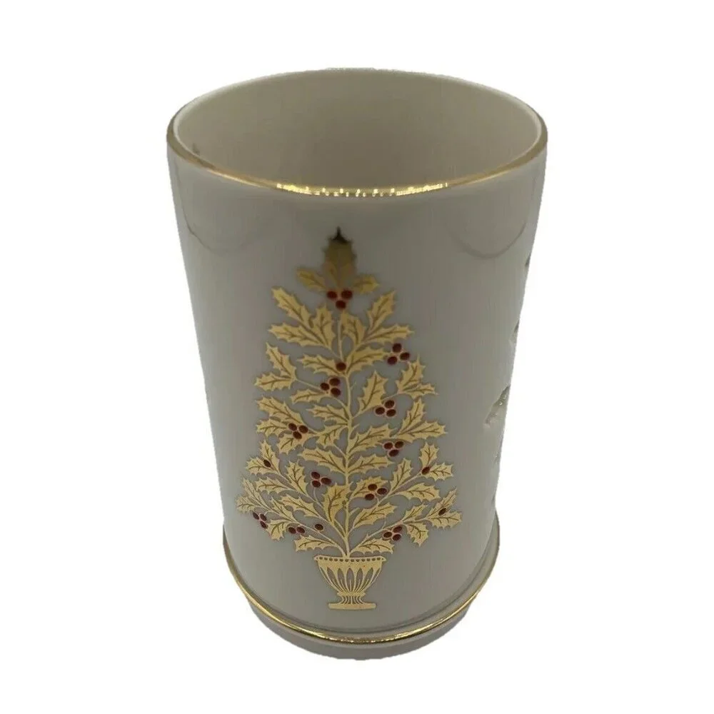 Lenox Candle Holder Eternal Christmas Pierced Porcelain Floral Gold Trim USA
